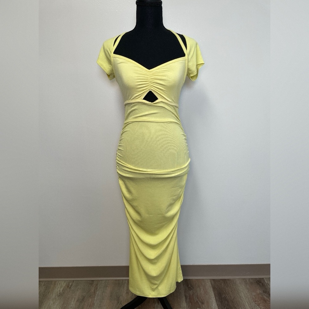 JONATHAN SIMKHAI Yellow Ruched Cutout Ribbed Midi Dress, Size S